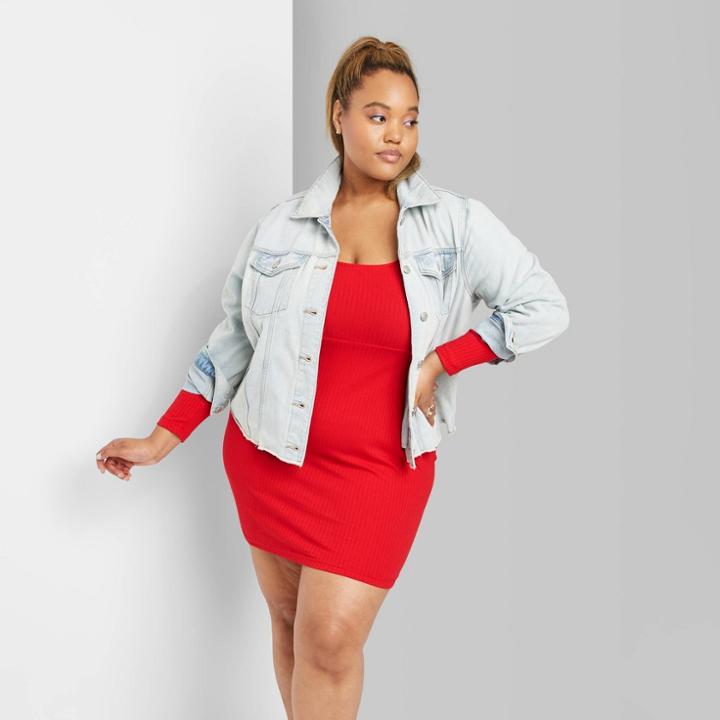 Women's Plus Size Long Sleeve Square Neck Rib Knit Mini Dress - Wild Fable Red 1x, Women's,