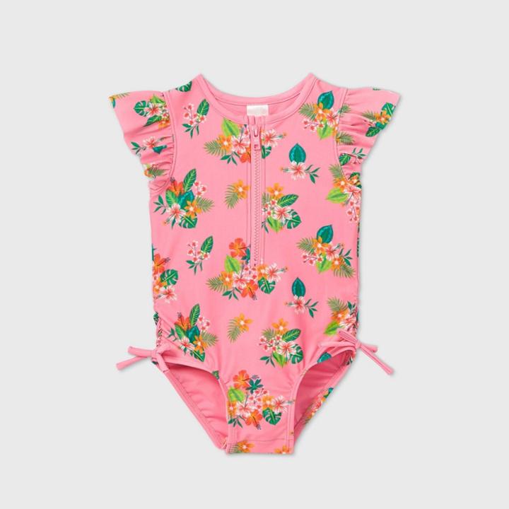Toddler Girls' Floral Front Zip One Piece Swimsuit - Cat & Jack Pink