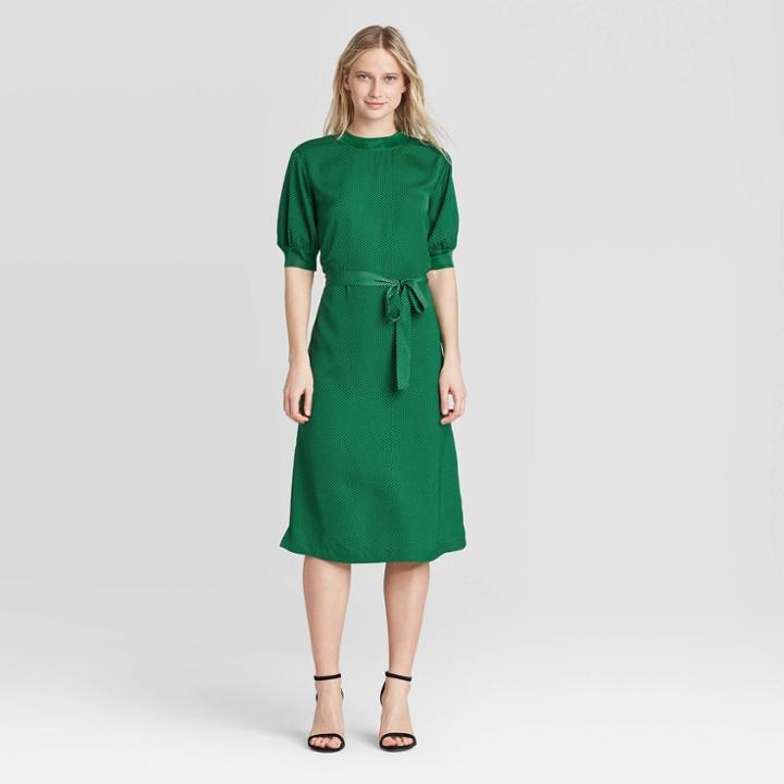 Women's Polka Dot Elbow Sleeve Rib Trim Dress - Who What Wear Green