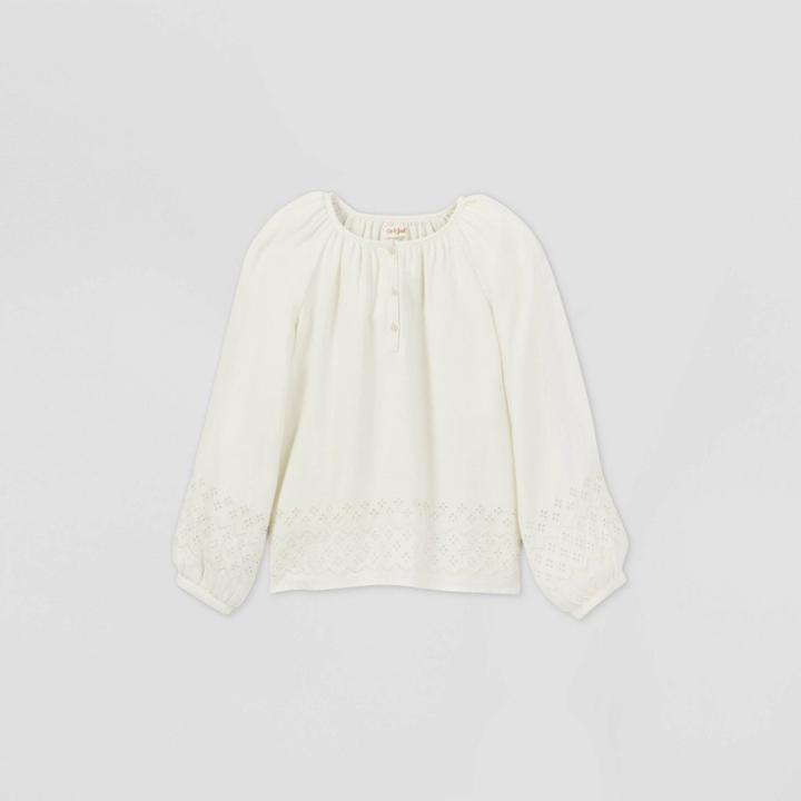 Girls' Long Sleeve Embroidered Woven Top - Cat & Jack Cream