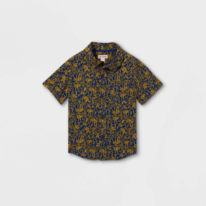 Toddler Boys' Tiger Print Challis Woven Short Sleeve Button-down Shirt - Cat & Jack Blue