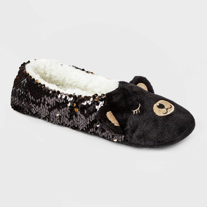 No Brand Women's Bear Flip Sequin Pull-on Slipper Socks With Grippers - Black/gold