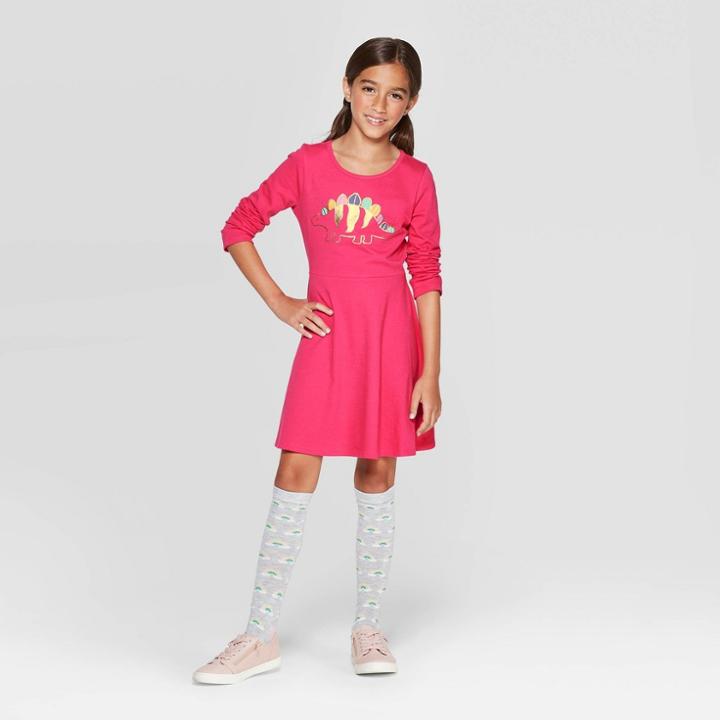Girls' Dinosaur Knit Dress - Cat & Jack Pink S, Girl's, Size: Small, Dark Pink
