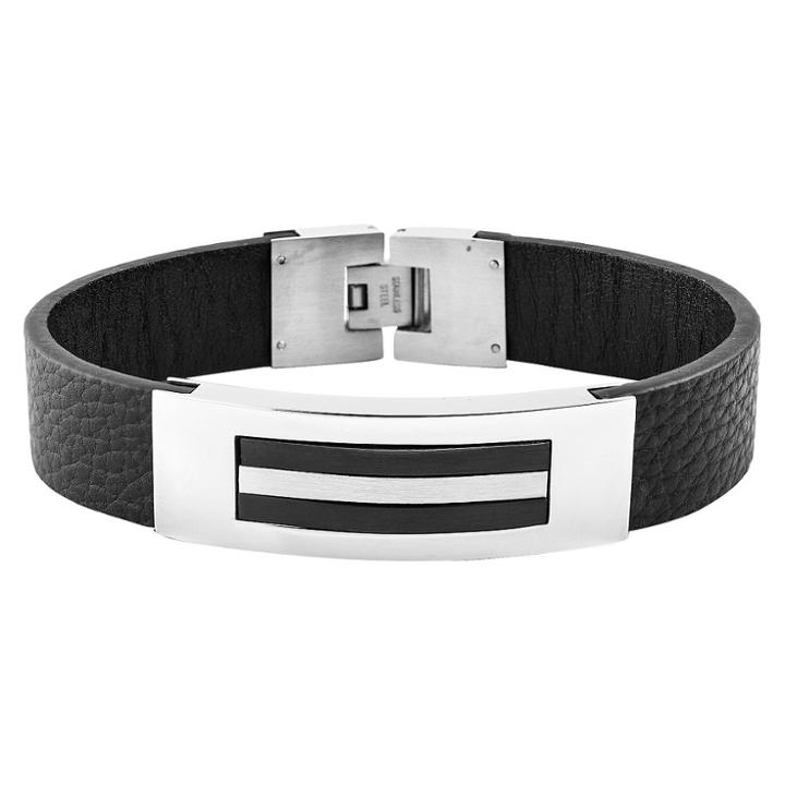 West Coast Jewelry Men's Crucible Blackplated Two-tone Stainless Steel Black Leather Id Bracelet, Black/silver