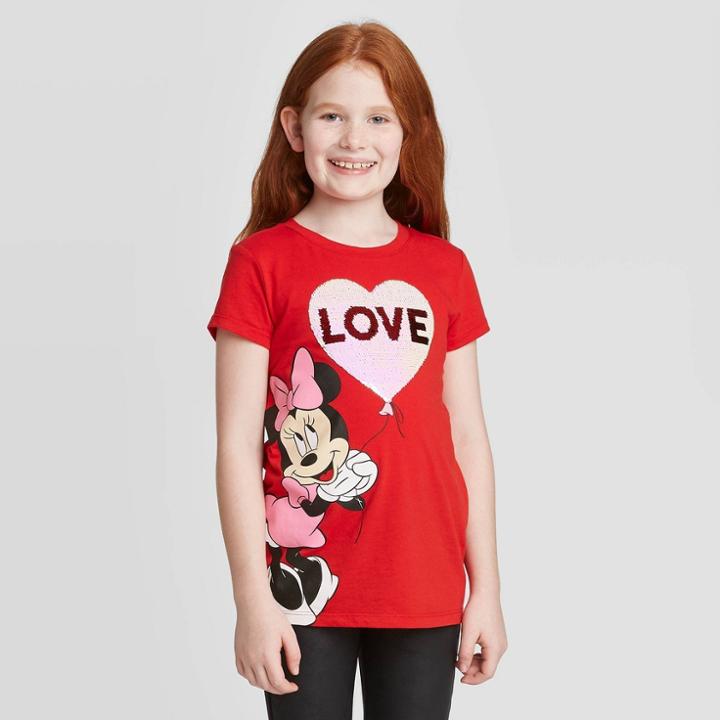 Disney Petitegirls' Flip Sequin Minnie Mouse Love Short Sleeve T-shirt - Red