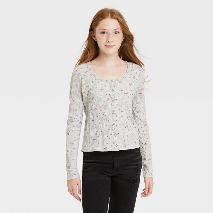 Girls' Rib Button-front Long Sleeve T-shirt - Art Class Gray