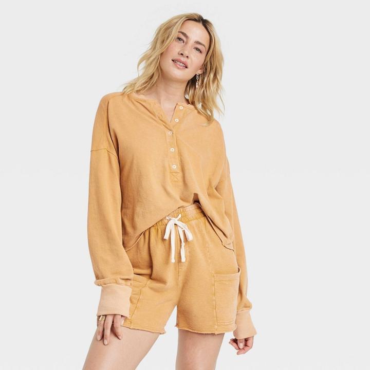 Women's Long Sleeve Henley Neck Cropped Shirt - Universal Thread Gold