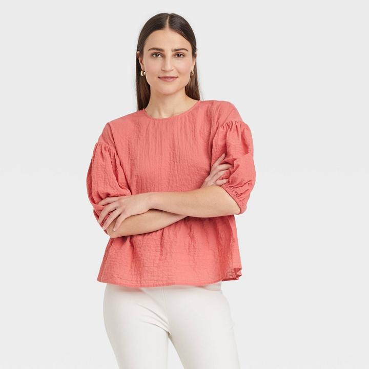 Women's Puff 3/4 Sleeve Top - A New Day Coral Pink