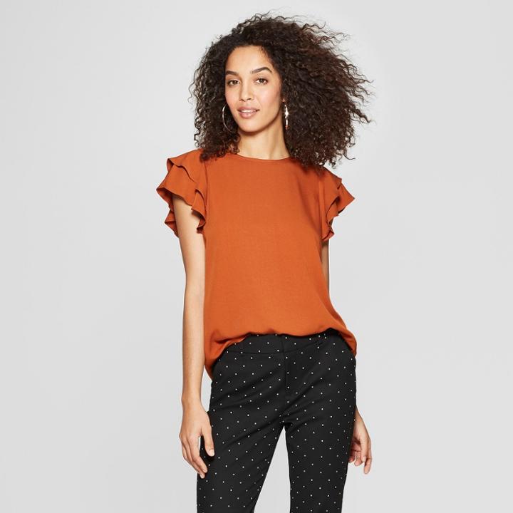 Women's Short Flutter Sleeve Blouse - A New Day Rust