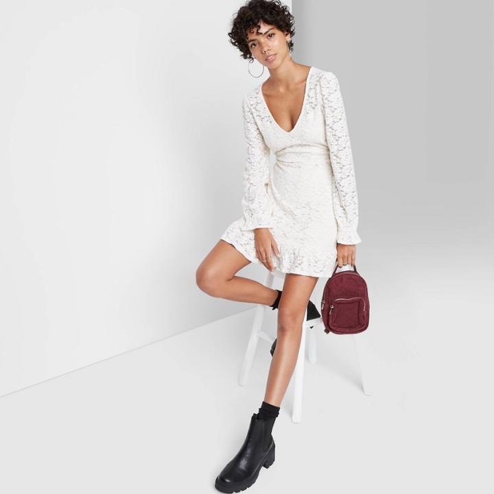 Women's Long Sleeve Brushed Lace Skater Dress - Wild Fable Cream