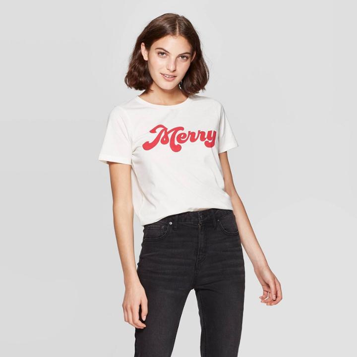 Grayson Threads Petitewomen's Merry Short Sleeve T-shirt (juniors') - Light Beige M,