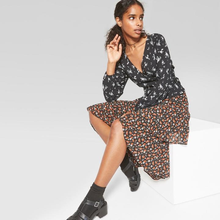 Women's Floral Print Long Sleeve Wrap Top - Wild Fable Black