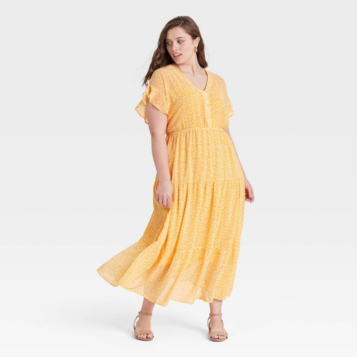 Women's Plus Size Flutter Short Sleeve Chiffon Dress - Ava & Viv Yellow X