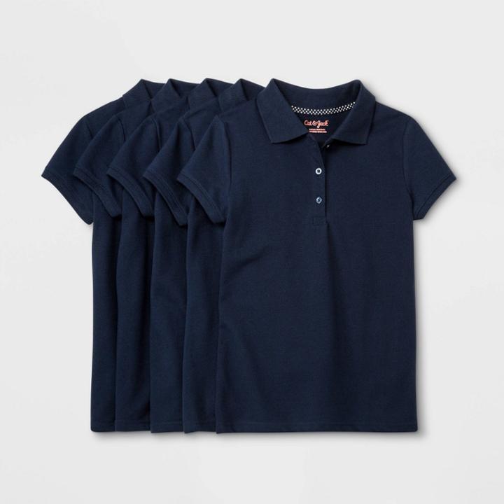 Petitegirls' 5pk Short Sleeve Stretch Pique Uniform Polo Shirt - Cat & Jack Navy