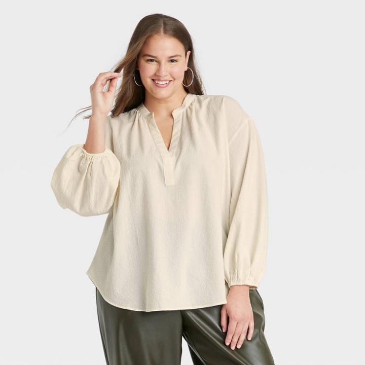 Women's Plus Size Balloon Long Sleeve Popover Blouse - A New Day Cream