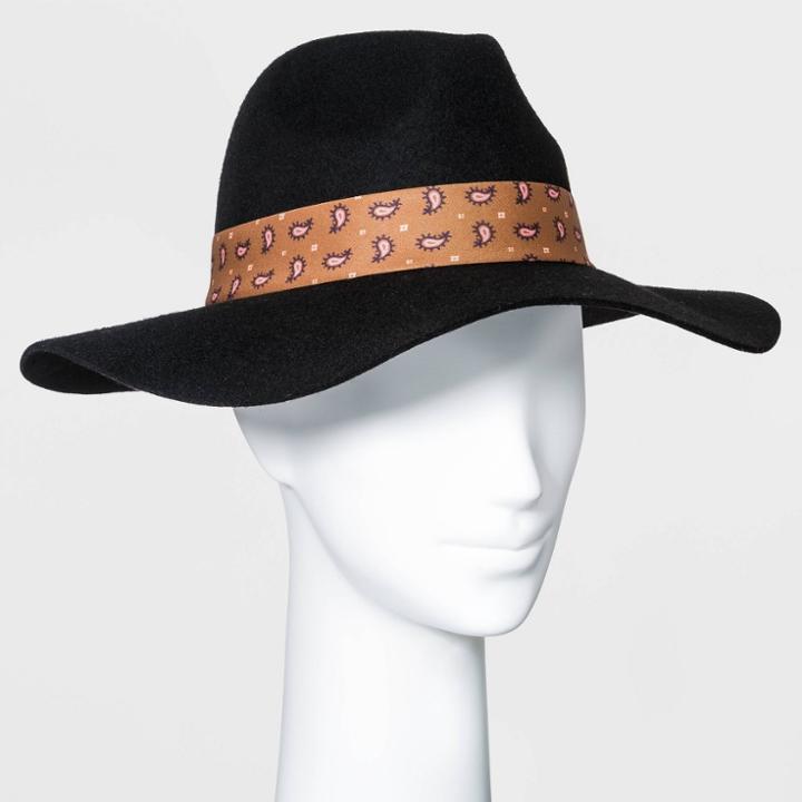 Women's Wide Brim Fedora Hat With Scarf Band - A New Day Black