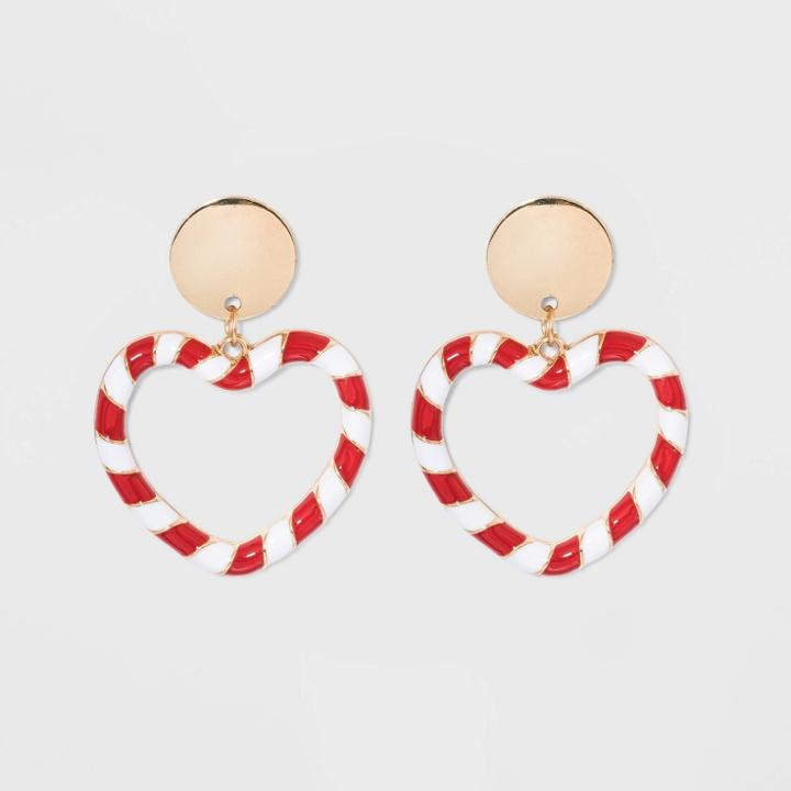 No Brand Candy Cane Striped Open Heart Drop Novelty Earrings - Red, Women's
