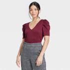 Women's Puff Short Sleeve V-neck Top - A New Day Burgundy