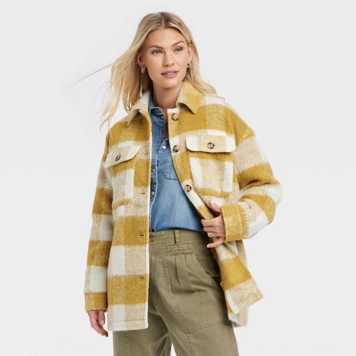 Women's Brushed Shirt Jacket - Universal Thread Yellow Plaid