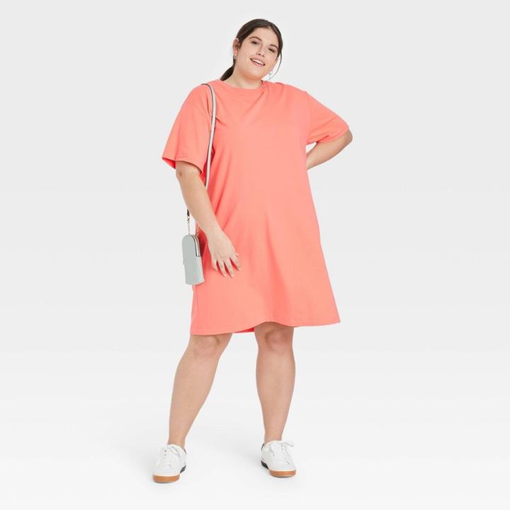 Women's Plus Size Elbow Sleeve Knit T-shirt Dress - A New Day Dark Peach