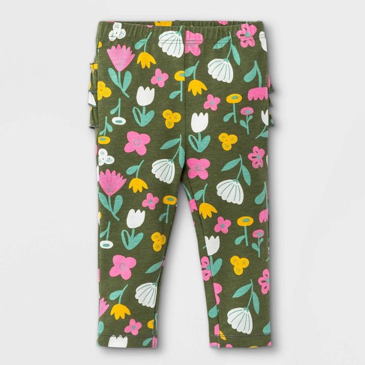 Baby Girls' Floral Ruffle Bum Leggings - Cat & Jack Olive Green Newborn