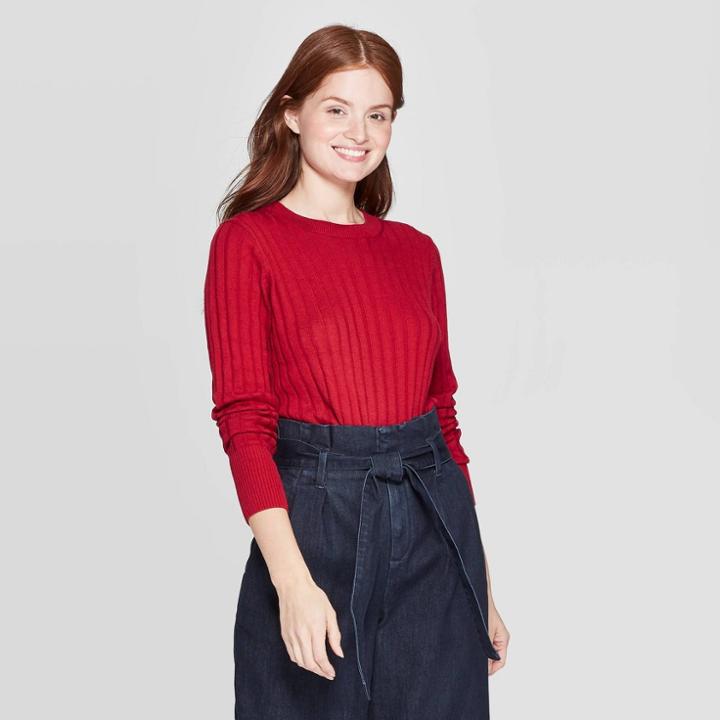 Women's Long Sleeve Ribbed Cuff Crewneck Pullover Sweater - A New Day Red