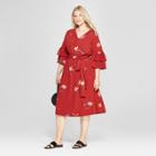 Women's Plus Size Floral Print Ruffle Sleeve Wrap Midi Dress - Ava & Viv Red X