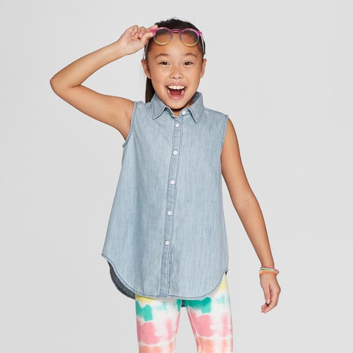 Girls' Tie Front Button-down - Cat & Jack Light Wash Denim