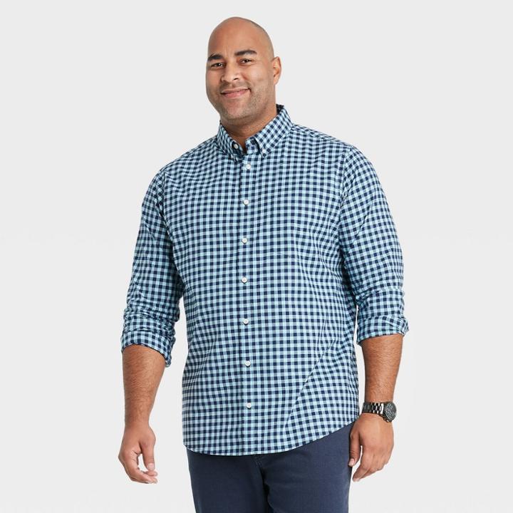Men's Tall Checked Regular Fit Long Sleeve Poplin Button-down Collared Shirt - Goodfellow & Co Green