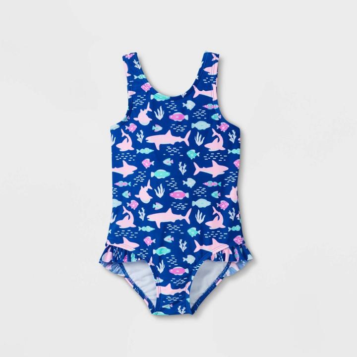 Toddler Girls' Shark Print Ruffle One Piece Swimsuit - Cat & Jack Blue