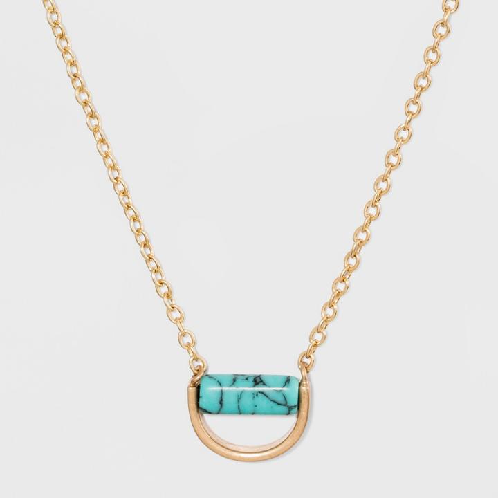 Half Open Circle With Cylinder Semi Precious Turquoise Stone Necklace - Universal Thread Gold