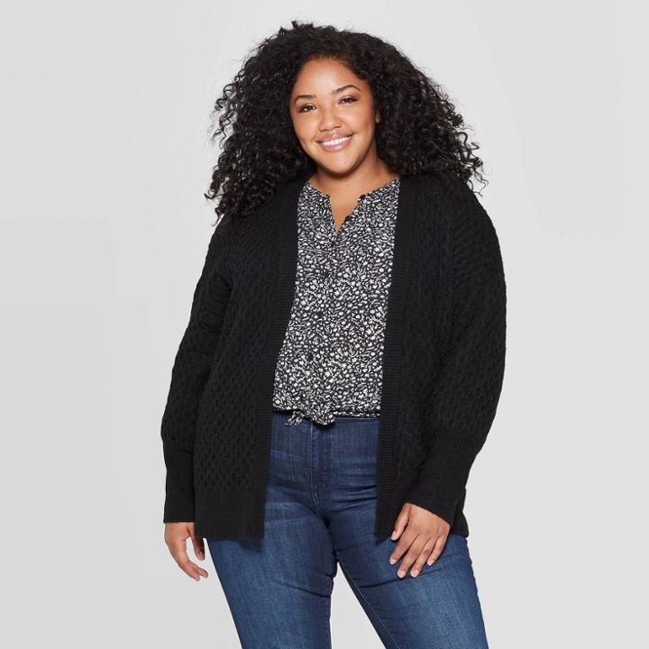 Women's Plus Size Long Sleeve Honeycomb Open Layering Cardigan - Universal Thread Black