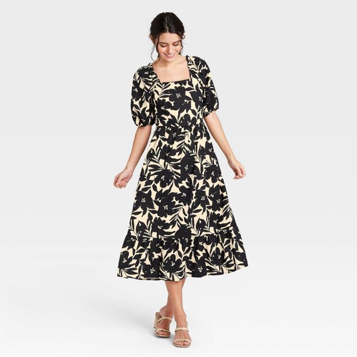 Women's Floral Print Puff Elbow Sleeve Empire Waist Dress- Who What Wear Cream