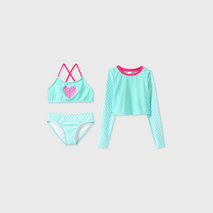 Girls' Long Sleeve Mermaid 3pc Bikini Set - Cat & Jack Aqua
