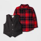 Toddler Boys' 3pc Plaid Long Sleeve Button-down Shirt With Bowtie And Vest Set - Cat & Jack Red/gray