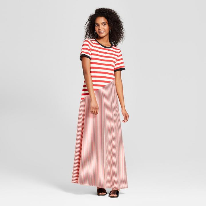 Women's Striped Short Sleeve Jersey T-shirt Midi Dress- Who What Wear Red/white Xxl, Red/white