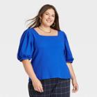 Women's Plus Size Puff Elbow Sleeve Top - A New Day Blue