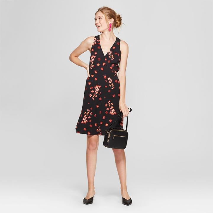 Women's Floral Print Sleeveless Wrap Crepe Dress - A New Day Black