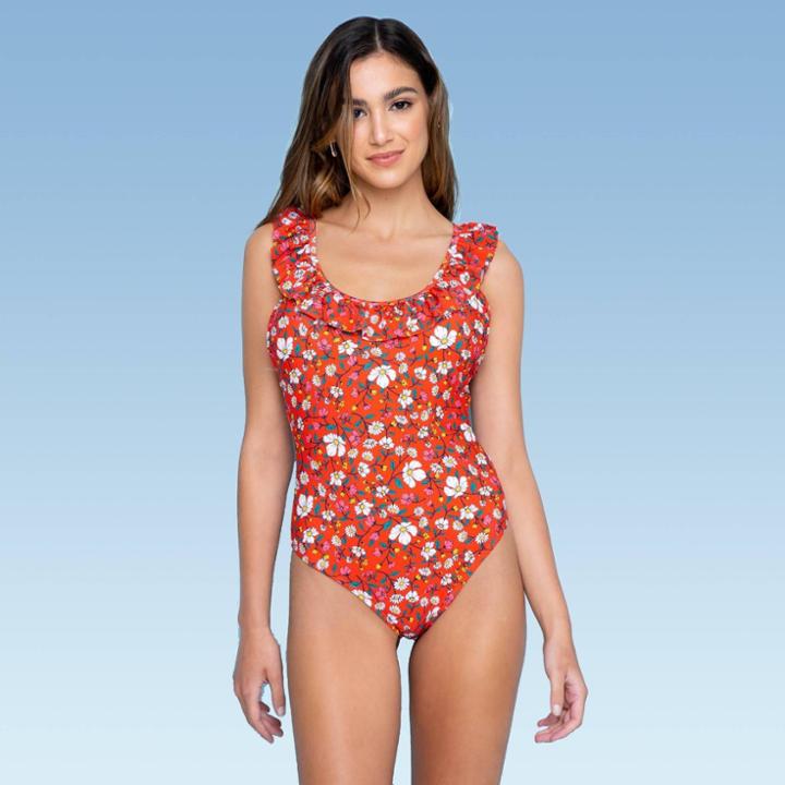 Women's Ruffle Cut Out Back One Piece Swimsuit - Sugar Coast By Lolli Red Xs, Women's,