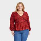 Women's Plus Size Long Sleeve Embroidered Blouse - Knox Rose Red Floral