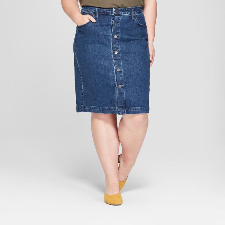 Women's Plus Size Button Front Midi Skirt - Universal Thread Medium Wash