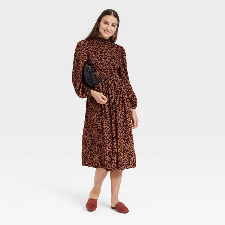 Women's Long Sleeve Smocked Bodice Dress - A New Day Brown Floral Print
