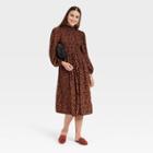 Women's Long Sleeve Smocked Bodice Dress - A New Day Brown Floral Print