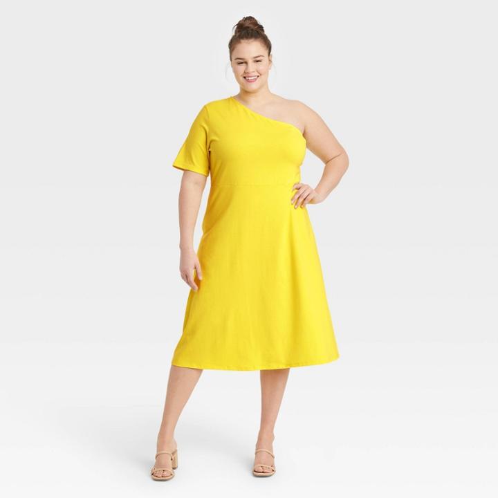 Women's Plus Size Elbow Sleeve One Shoulder Knit Dress - Who What Wear Light Yellow