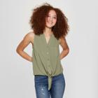 Women's Sleeveless Button-down Tie Front Top - A New Day Olive (green) Xxs