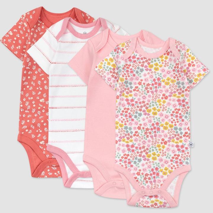 Honest Baby Girls' 4pk Organic Cotton Meadow Floral Short Sleeve Bodysuit - Pink/white Newborn