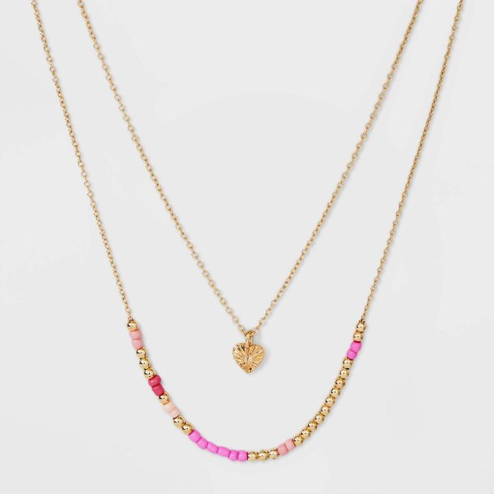 No Brand 14k Gold Dipped Morse Code 'let Love Shine' Beaded Necklace Duo - Pink