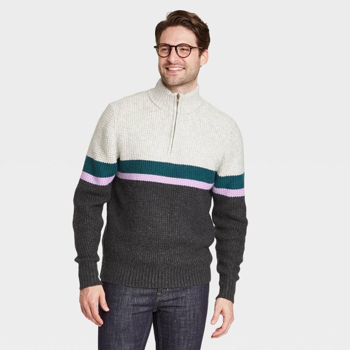 Men's Regular Fit Zip-up Crewneck Striped Pullover Sweater - Goodfellow & Co Gray