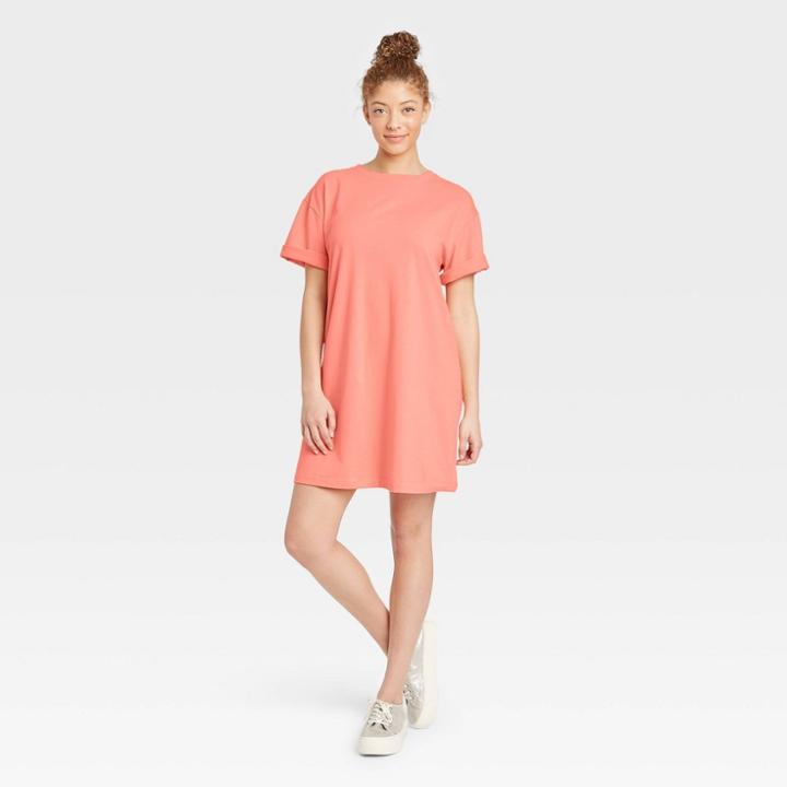 Women's Elbow Sleeve Knit T-shirt Dress - A New Day Dark Peach