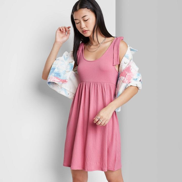 Women's Sleeveless Tie-strap Babydoll Textured Knit Dress - Wild Fable Pink